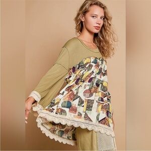 POL Ribbed ruffle Knit Top in Beige oversized